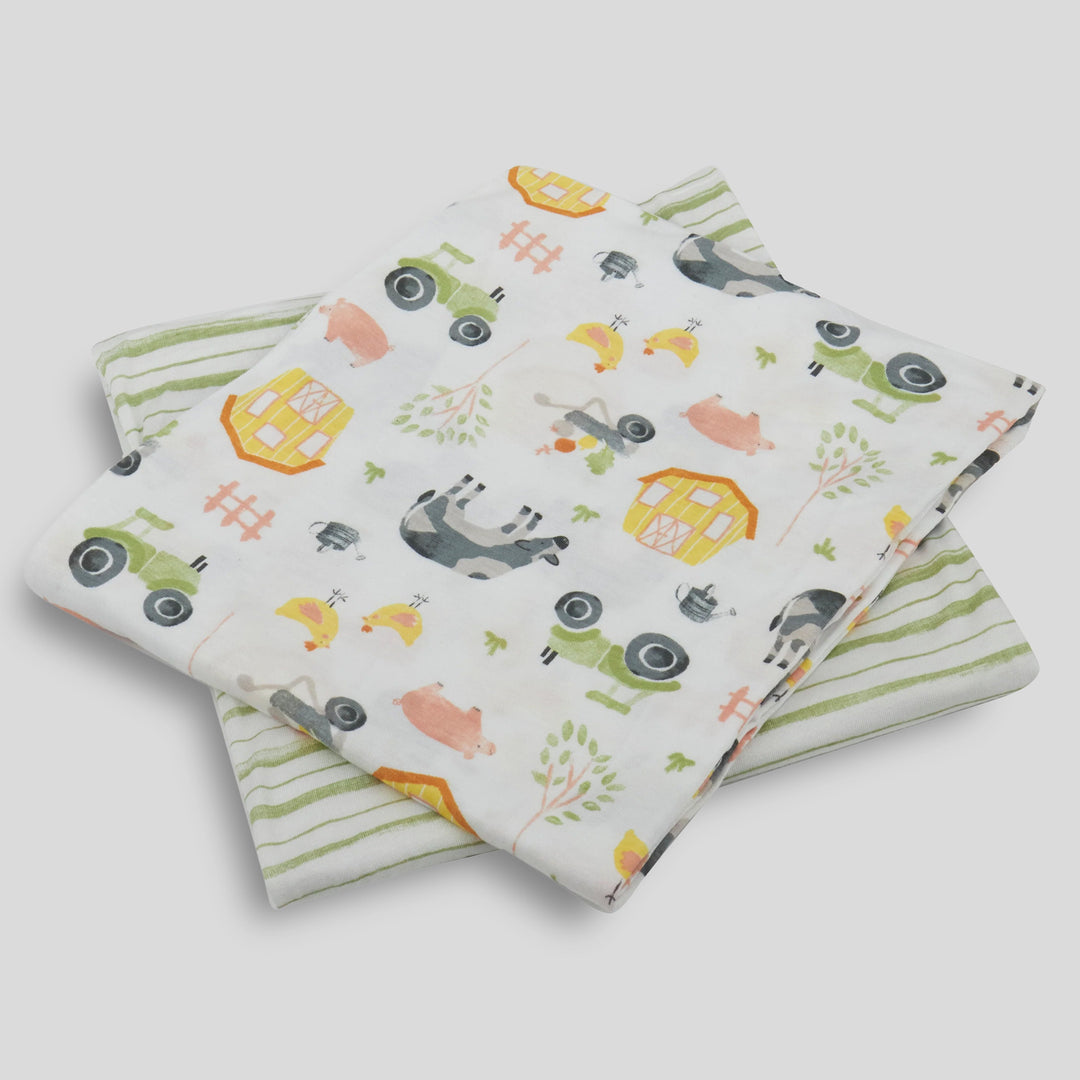 Milkberry Soft Bamboo Muslin Baby Blanket Gift Set 2 Pack Swaddle Receiving Blanket for Baby Boy Farm Animal Green Striped - Chicken Farm,36x40