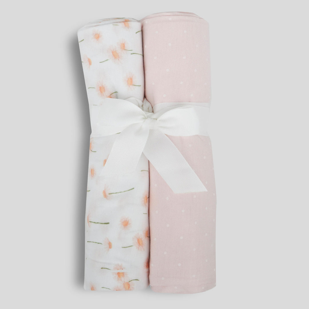 Milkberry Soft Bamboo Muslin Baby Blanket Gift Set 2 Pack Swaddle Receiving Blanket for Baby Girl Floral Pink Polka Dot - Love Flower,36x40