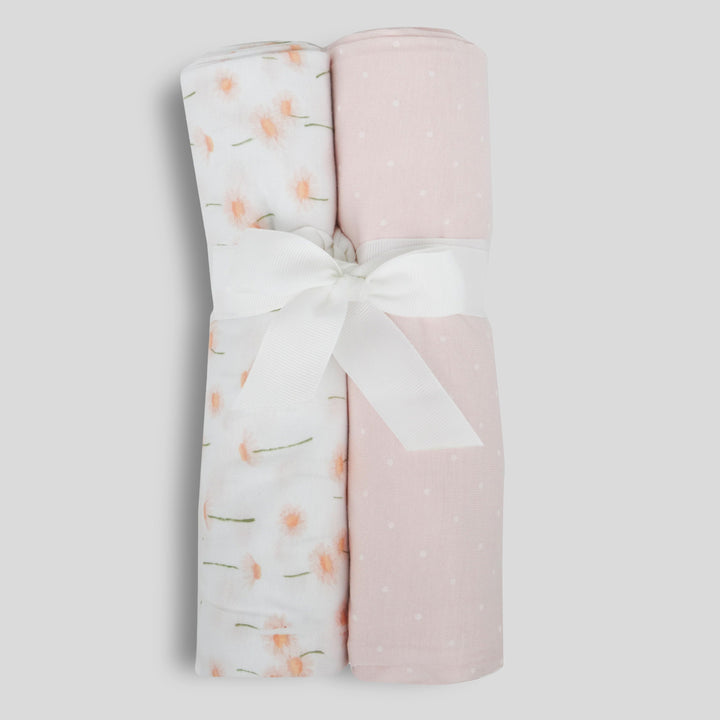 Milkberry Soft Bamboo Muslin Baby Blanket Gift Set 2 Pack Swaddle Receiving Blanket for Baby Girl Floral Pink Polka Dot - Love Flower,36x40