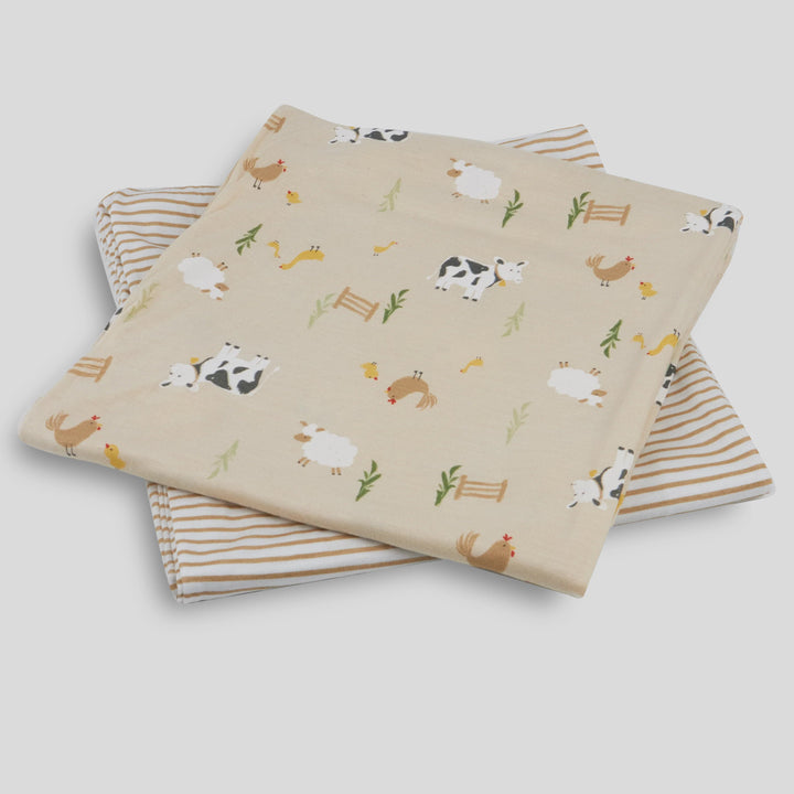 Milkberry Soft Bamboo Muslin Baby Blanket Gift Set 2 Pack Swaddle Receiving Blanket for Baby Boy Farm Animal Brown Striped - Farm Variety,36x40