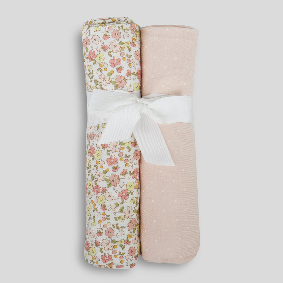 Milkberry Soft Bamboo Muslin Baby Blanket Gift Set 2 Pack Swaddle Receiving Blanket for Baby Girl Floral Pink Polka Dot - Pink Petal,36x40