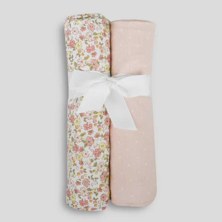 Milkberry Soft Bamboo Muslin Baby Blanket Gift Set 2 Pack Swaddle Receiving Blanket for Baby Girl Floral Pink Polka Dot - Pink Petal,36x40