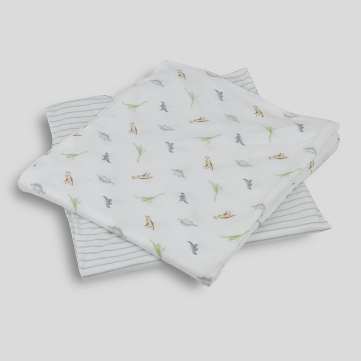 Milkberry Soft Bamboo Muslin Baby Blanket Gift Set 2 Pack Swaddle Receiving Blanket for Baby Boy Dinosaur Blue Striped - Dino Dreams,36x40