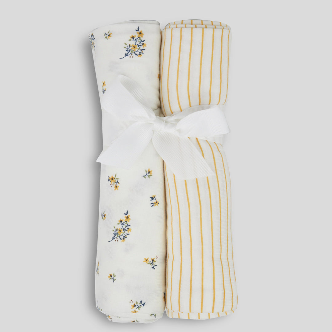 Milkberry Soft Bamboo Muslin Baby Blanket Gift Set 2 Pack Swaddle Receiving Blanket for Baby Girl Floral Yellow Striped - Queen Daisey,36x40