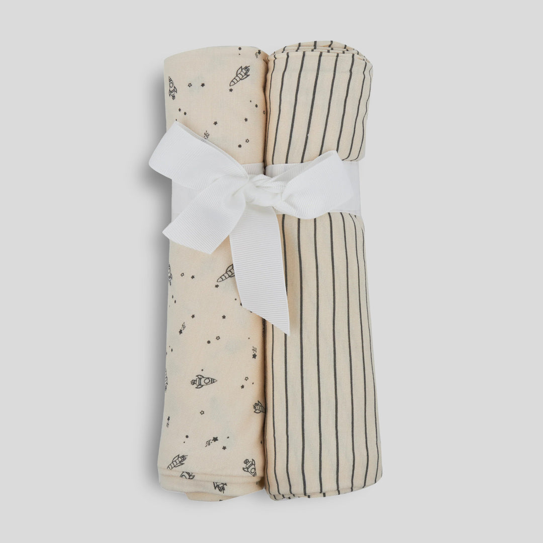 Milkberry 2 Pack Luxury Rayon of Bamboo Muslin Swaddle Blanket for Baby Girl Beige Space Ships - Beige Space Ships,36x40