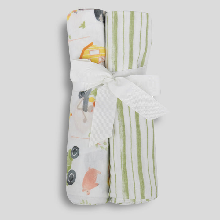 Milkberry Soft Bamboo Muslin Baby Blanket Gift Set 2 Pack Swaddle Receiving Blanket for Baby Boy Farm Animal Green Striped - Chicken Farm,36x40