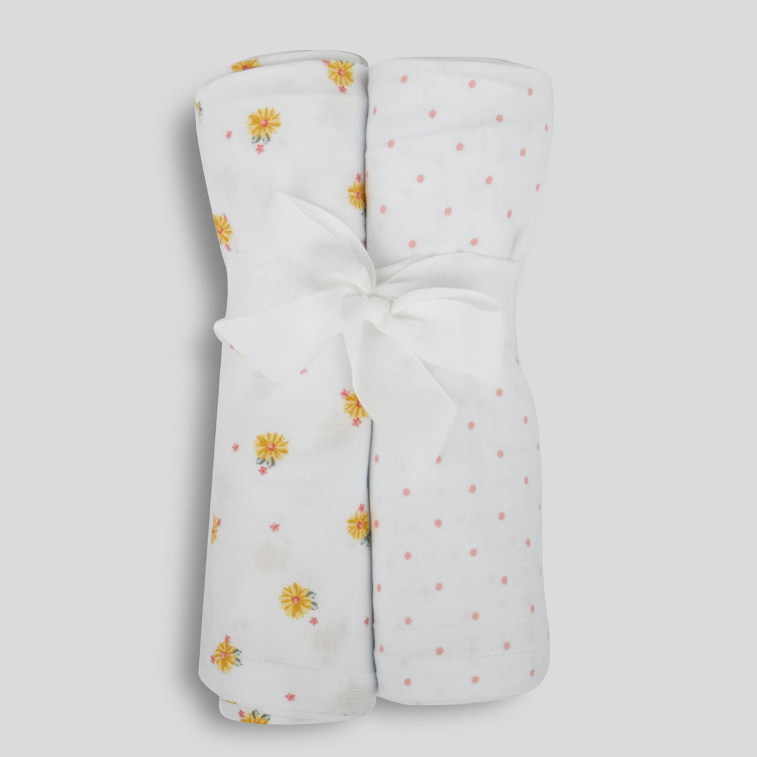 Milkberry Soft Bamboo Muslin Baby Blanket Gift Set 2 Pack Swaddle Receiving Blanket for Baby Girl Floral Pink Polka Dot - Ivory Bloom,36x40