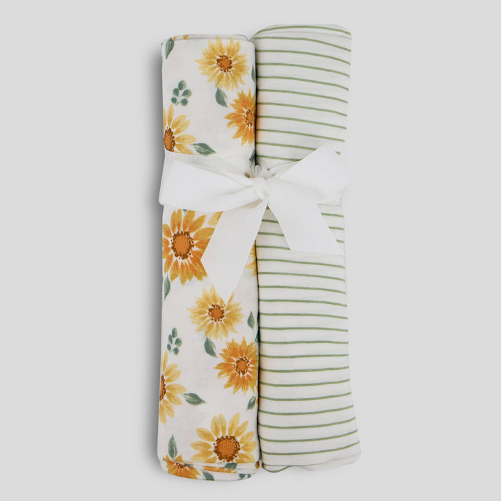 Milkberry 2 Pack Luxury Rayon of Bamboo Muslin Swaddle Blanket for Baby Girl Green Stripes Sunflowers - Stripes and Sunflowers,36x40