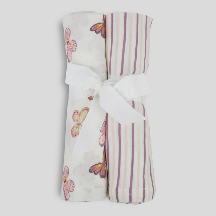 Milkberry 2 Pack Luxury Rayon of Bamboo Muslin Swaddle Blanket for Baby Girl Pink Stripes and Butterflies - Pink Butterflies,36x40