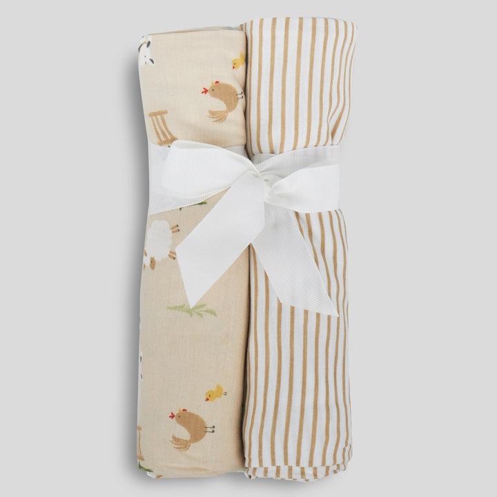 Milkberry Soft Bamboo Muslin Baby Blanket Gift Set 2 Pack Swaddle Receiving Blanket for Baby Boy Farm Animal Brown Striped - Farm Variety,36x40