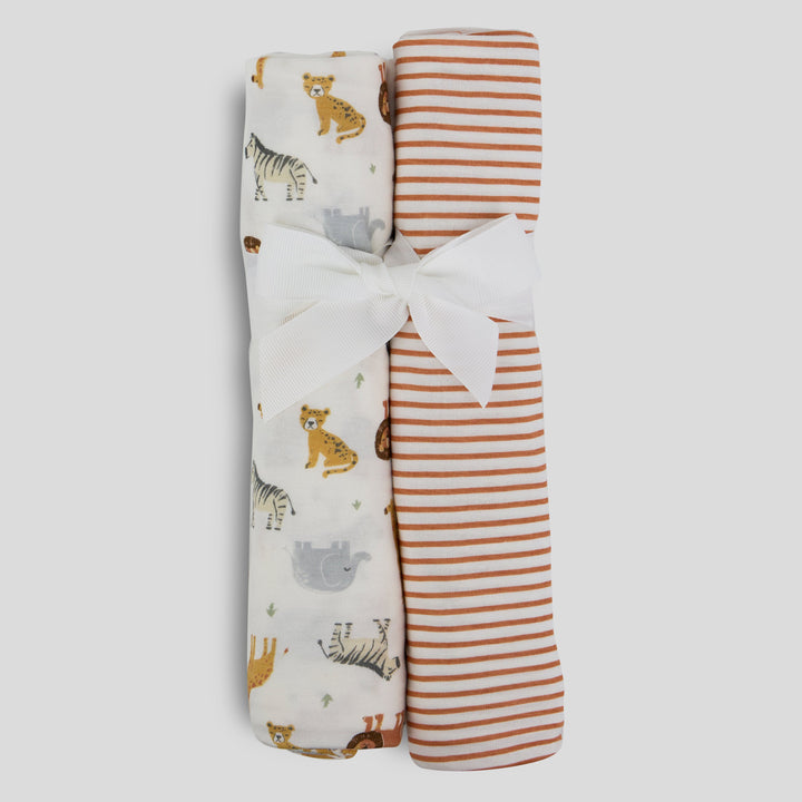 Milkberry 2 Pack Luxury Rayon of Bamboo Muslin Swaddle Blanket for Baby Boy Orange Striped Zoo Animals - Orange Zoo Animals,36x40