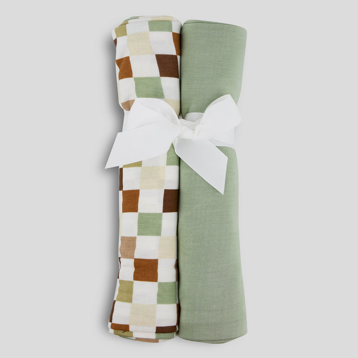 Milkberry 2 Pack Luxury Rayon of Bamboo Muslin Swaddle Blanket for Baby Boy Solid Green Checkered - Green Checkered,36x40