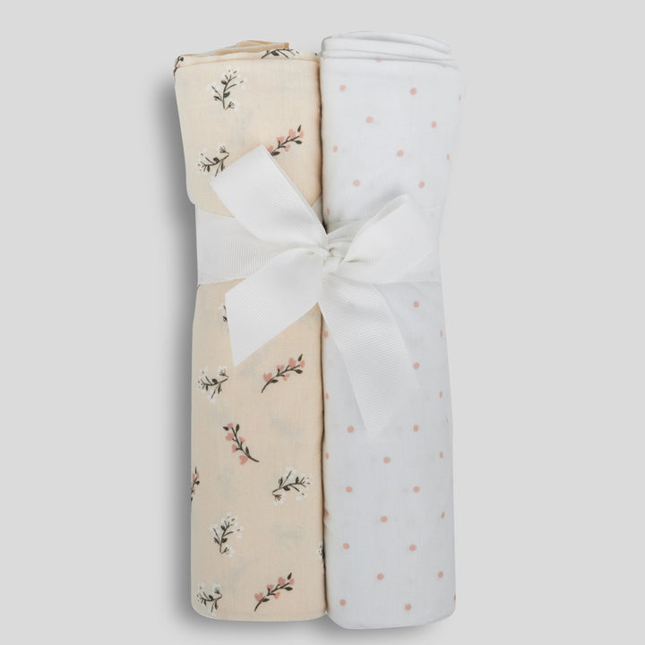 Milkberry Soft Bamboo Muslin Baby Blanket Gift Set 2 Pack Swaddle Receiving Blanket for Baby Girl Floral Cream Polka dot - Spring Blossom,36x40