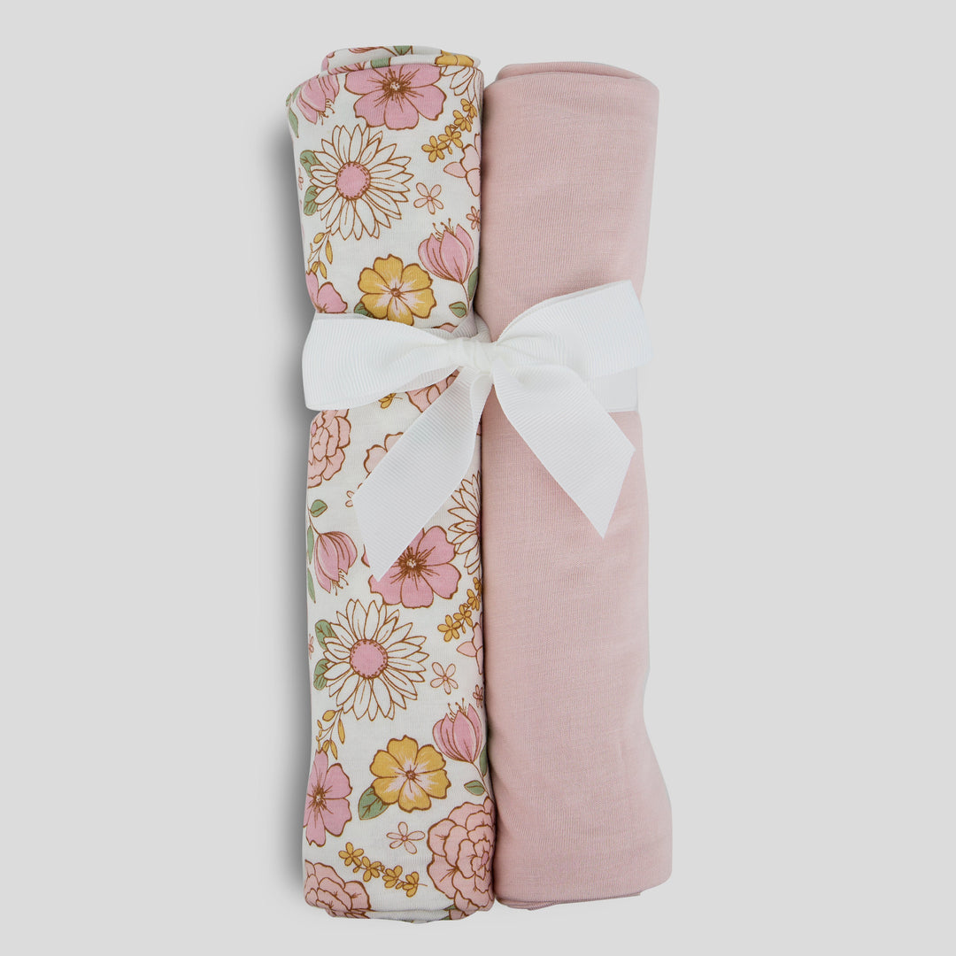 Milkberry 2 Pack Luxury Rayon of Bamboo Muslin Swaddle Blanket for Baby Girl Solid Pink Flowers - Solid Pink Flowers,36x40